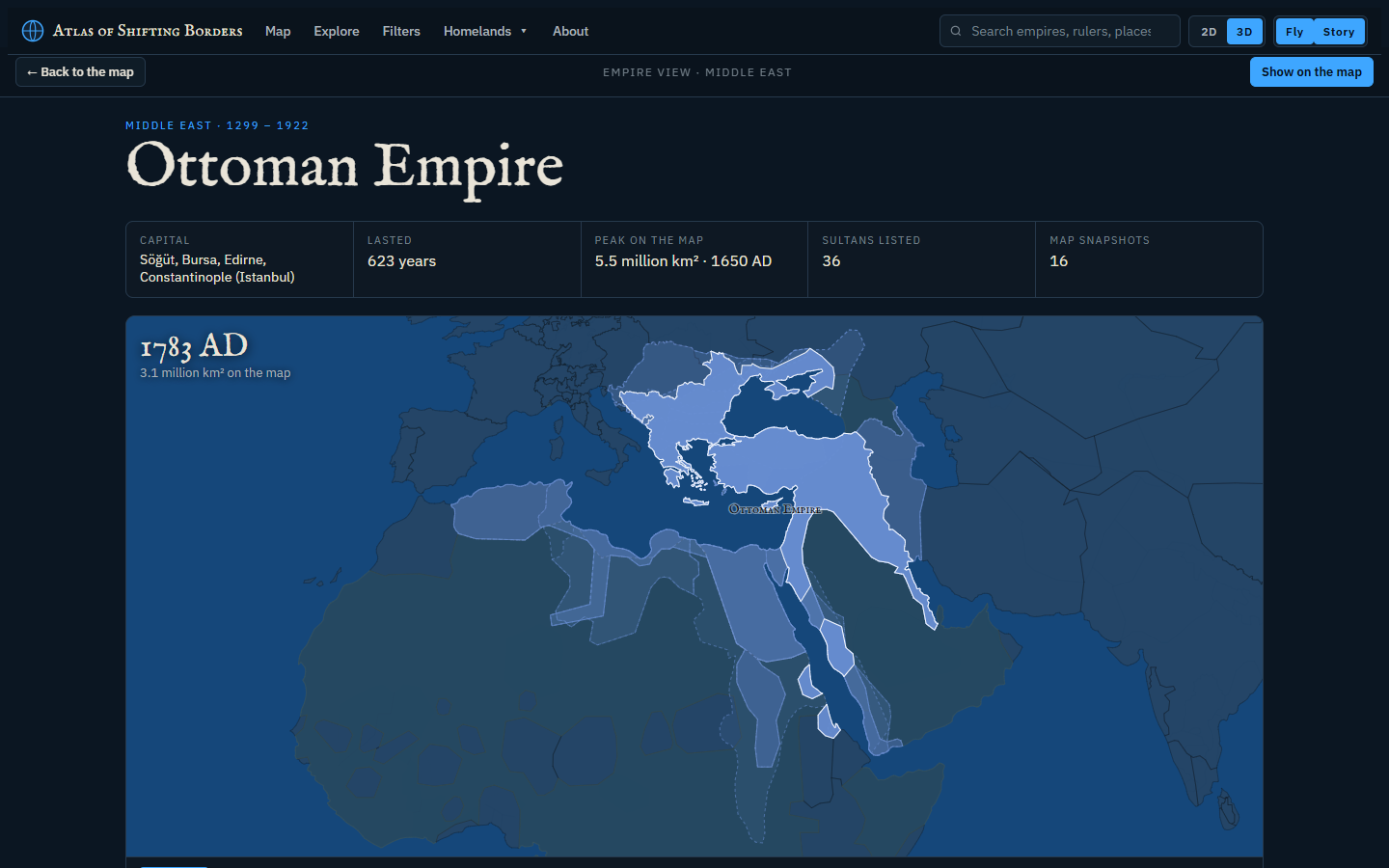 Empire view of the Ottoman Empire: its territory in 1783 over a dashed outline of its largest extent