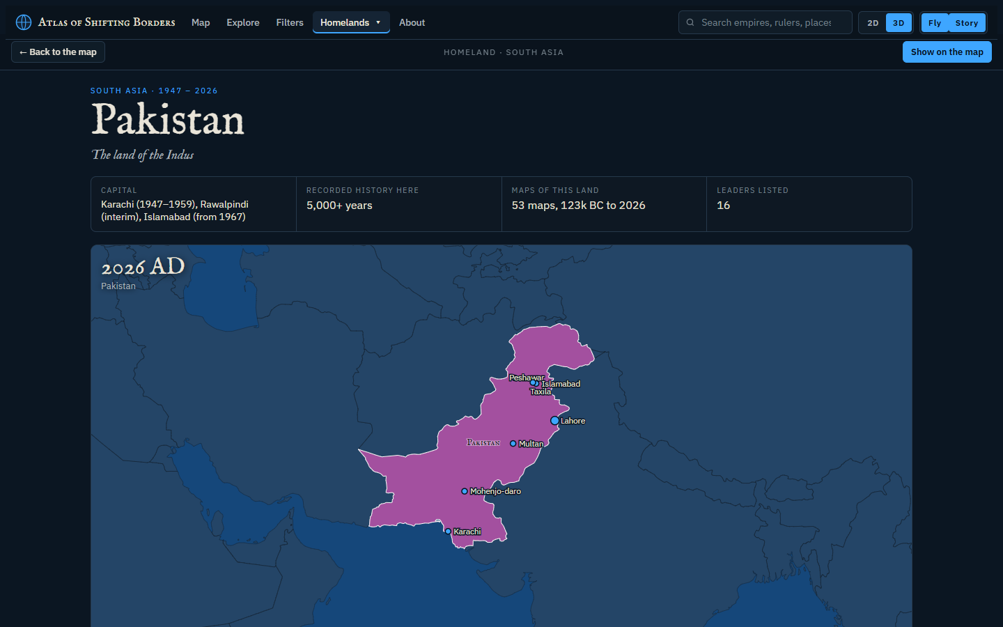 Homeland view of Pakistan in 2026, with Lahore, Karachi, Multan, Mohenjo-daro and Peshawar marked